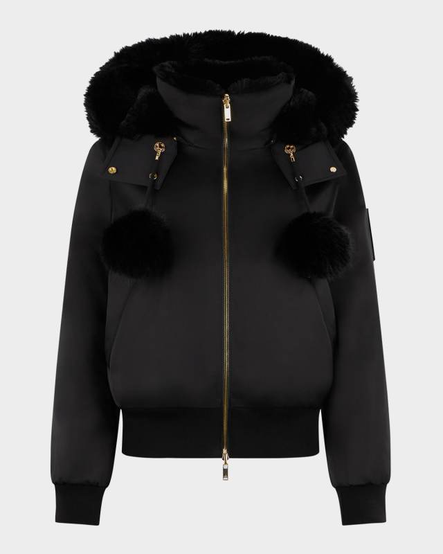 Debbie Satin Bomber Jacket with Removable Hood & Pom Poms